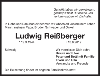 Traueranzeige von Ludwig Reißberger von Pegnitz-Zeitung